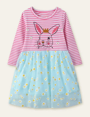 Rabbit Flower Printed Mesh Long Sleeve Dress - Mini Taylor